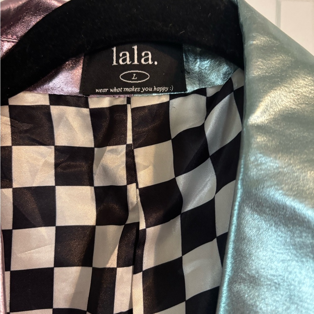 Dressed in Lala Metallic Pink & Teal Split Blazer with Checkered Lining - Picture 3 of 3